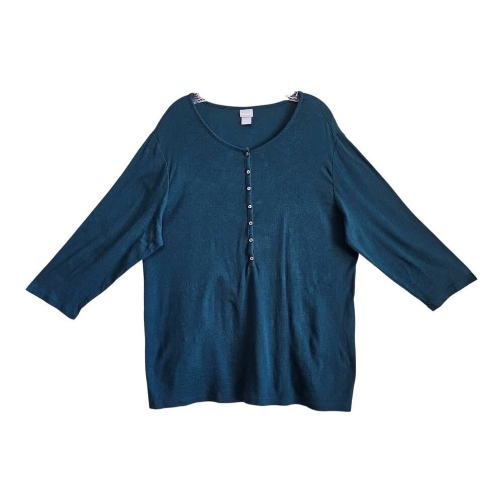 CHICO'S 4 Women XXL 20 Tunic Top Dark Teal 1/2 Buttons 3/4 Sleeve Pima Cotton 44